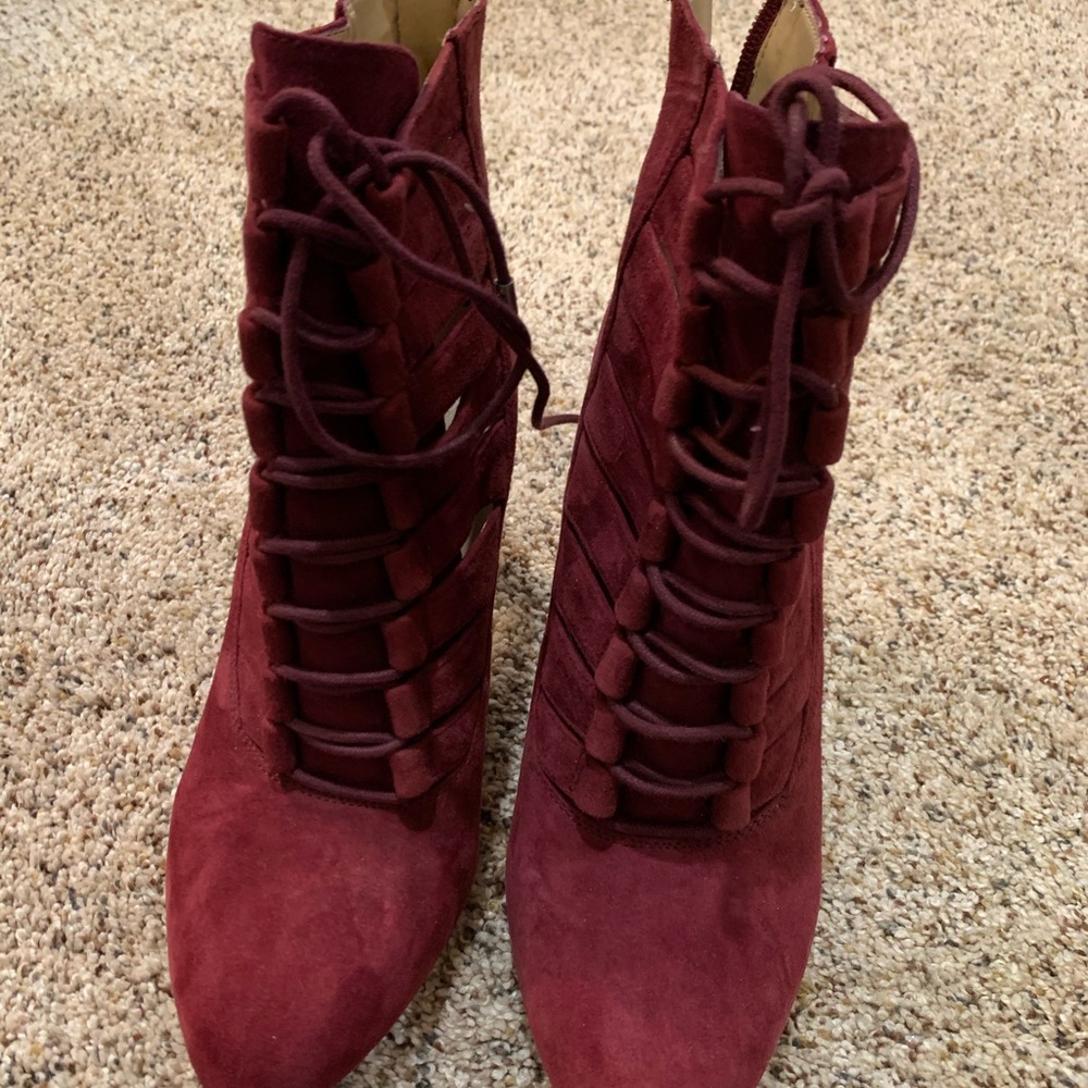 Vince Camuto merlot suede lace heeled booties
